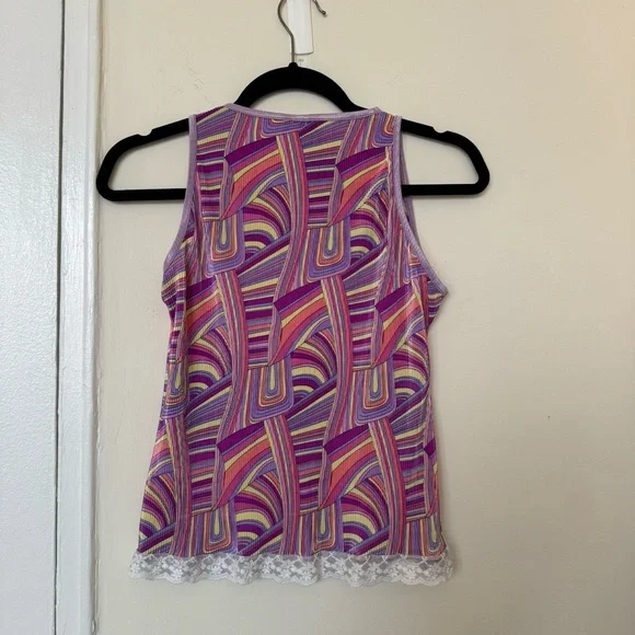 Vintage Feline USA 80s Pattern Tank Top with Lace Trim - Picture 5 of 5